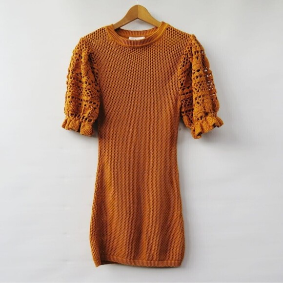 Bennettex Womens Small Boho Crochet Knit Puff Sleeve Cottagecore Farmhouse Dress - Picture 5 of 11